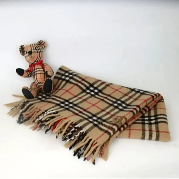 AUTH Burberry Wool Scarf And Bear Set Nova Check Plaid Tan Beige